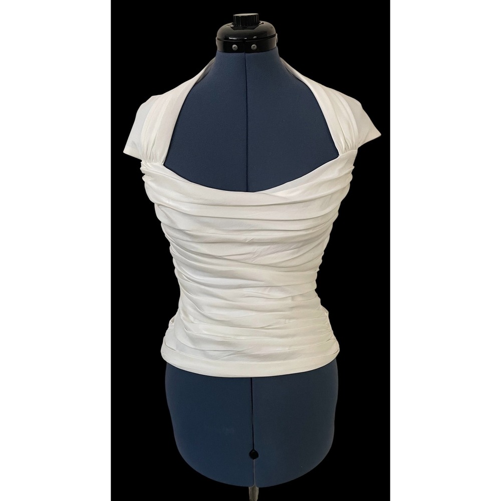 Vtg Tadashi Collection White Ruched Portrait Neckline Evening Top Formal Y2K 4